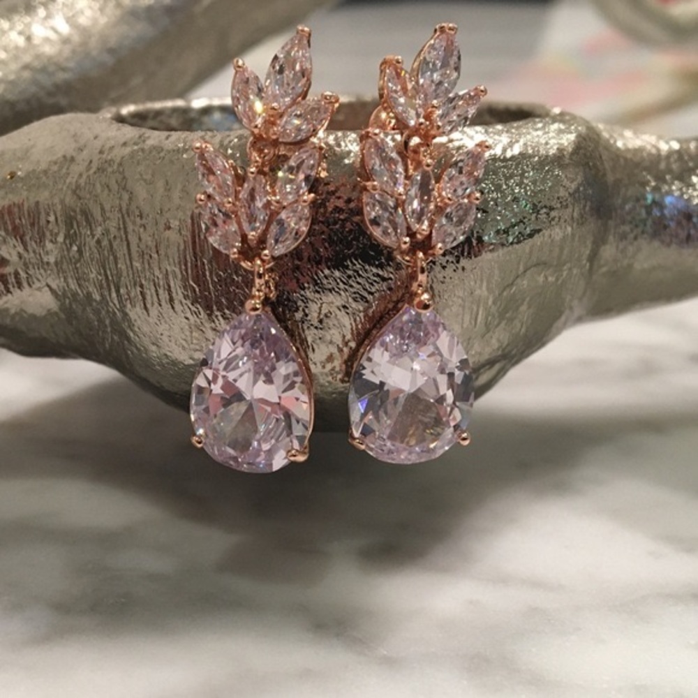 Rose gold leaf drop earrings pear cut